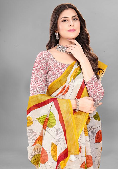 Cream Printed Linen Cotton Saree Set