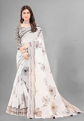 White Floral Print Linen Cotton Saree Set