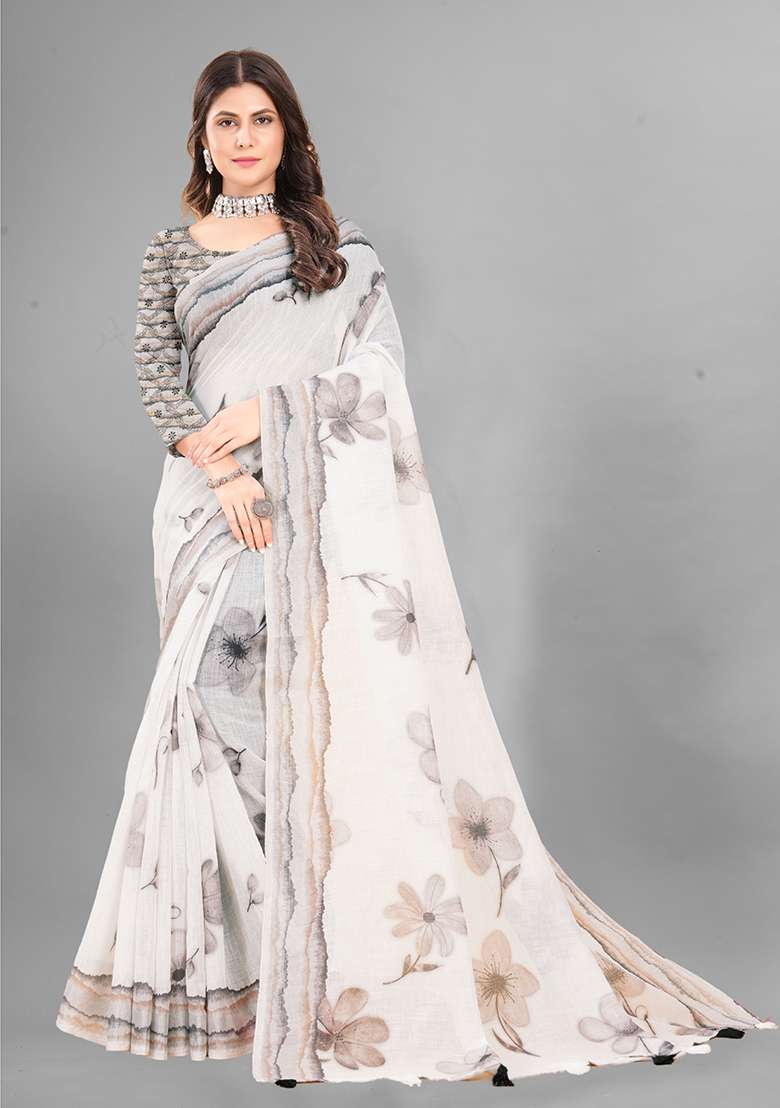 White Floral Print Linen Cotton Saree Set - Indya