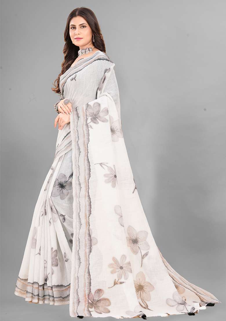 White Floral Print Linen Cotton Saree Set - Indya
