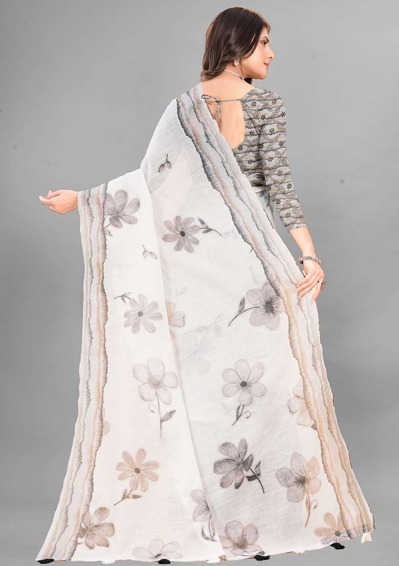 White Floral Print Linen Cotton Saree Set - Indya