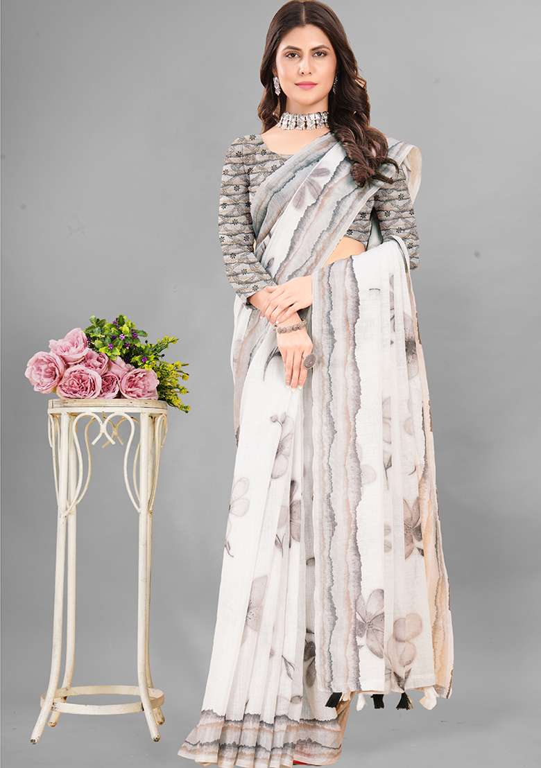 White Floral Print Linen Cotton Saree Set - Indya