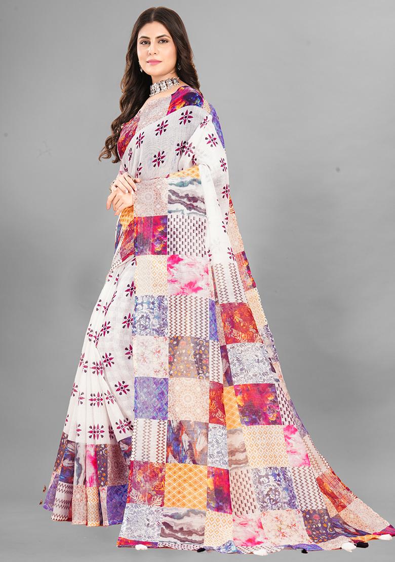 Multi Printed Linen Cotton Saree Set