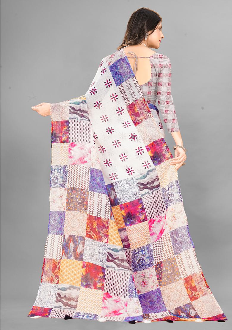 Multi Printed Linen Cotton Saree Set