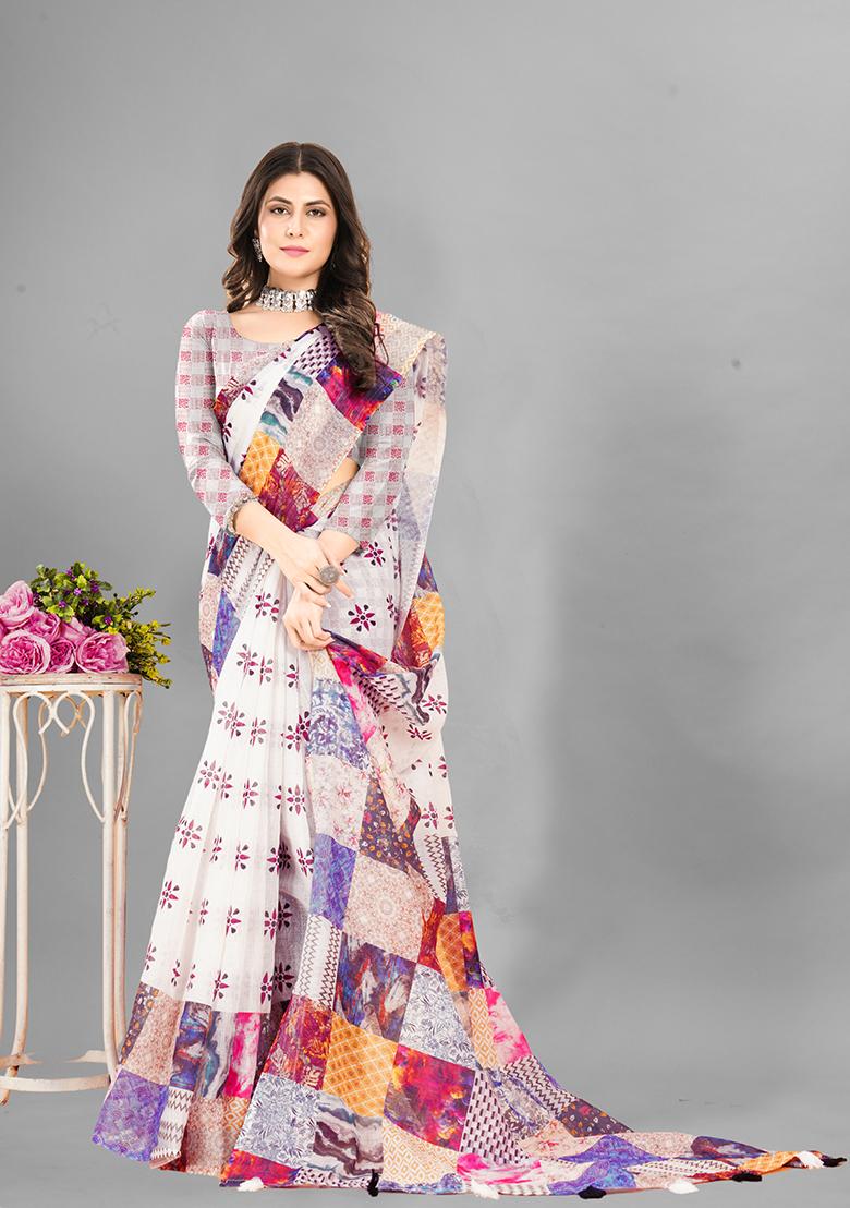 Multi Printed Linen Cotton Saree Set