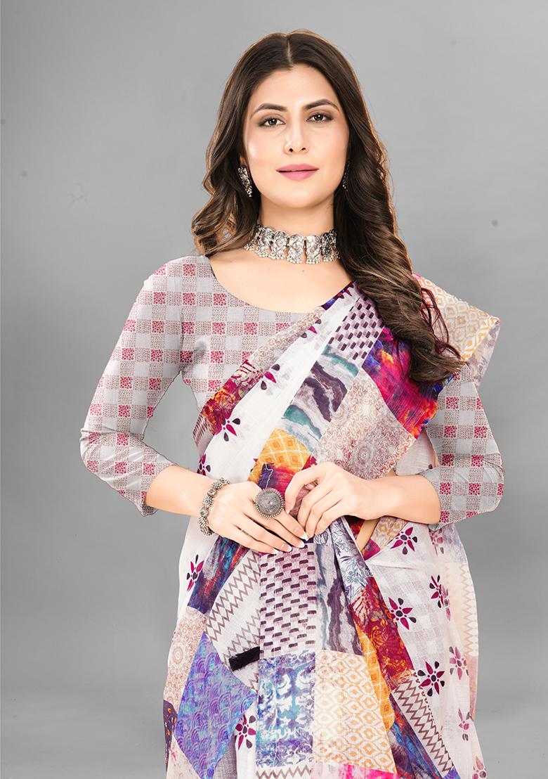 Multi Printed Linen Cotton Saree Set
