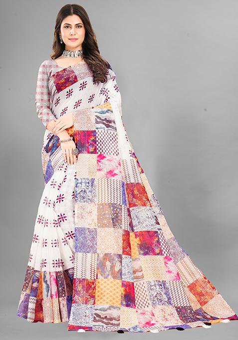 Multi Printed Linen Cotton Saree Set