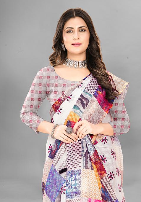 Multi Printed Linen Cotton Saree Set