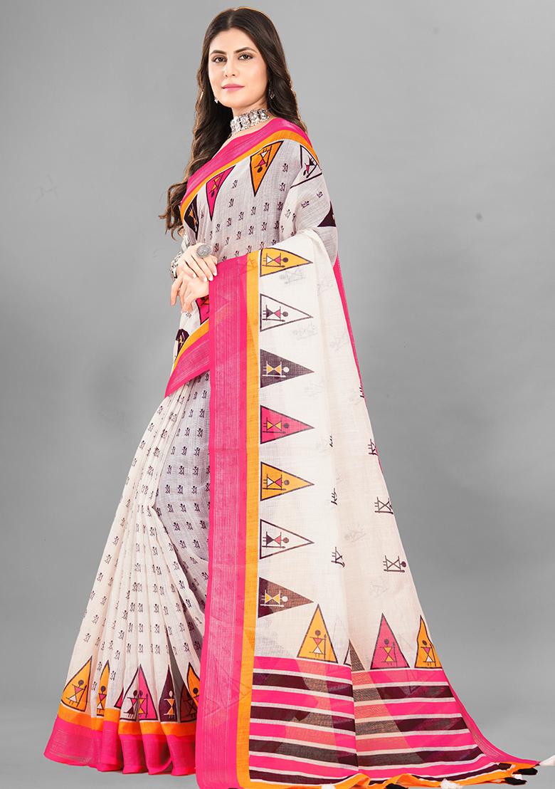 Off White Ethnic Motifs Linen Cotton Saree Set