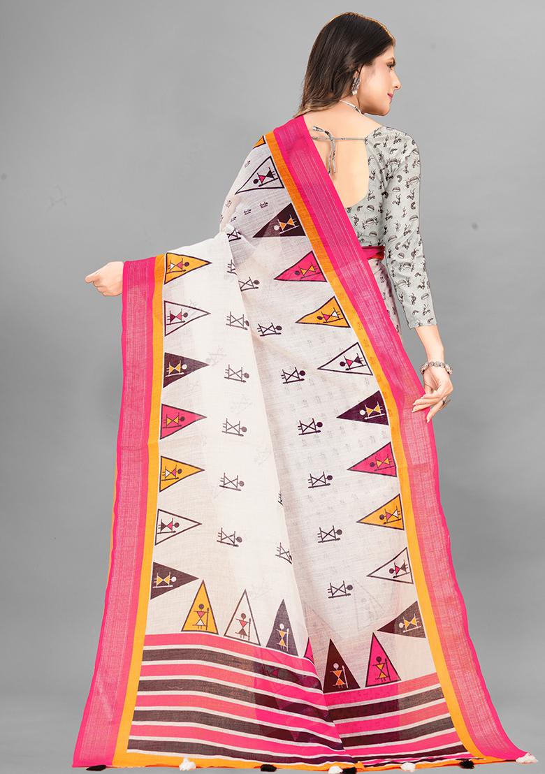 Off White Ethnic Motifs Linen Cotton Saree Set