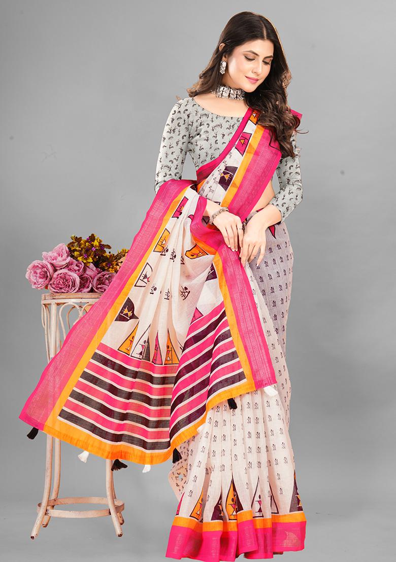 Off White Ethnic Motifs Linen Cotton Saree Set