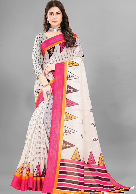 Off White Ethnic Motifs Linen Cotton Saree Set