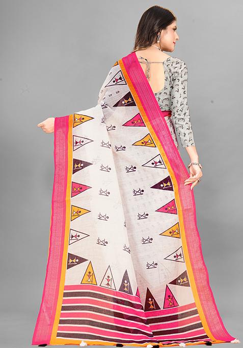 Off White Ethnic Motifs Linen Cotton Saree Set