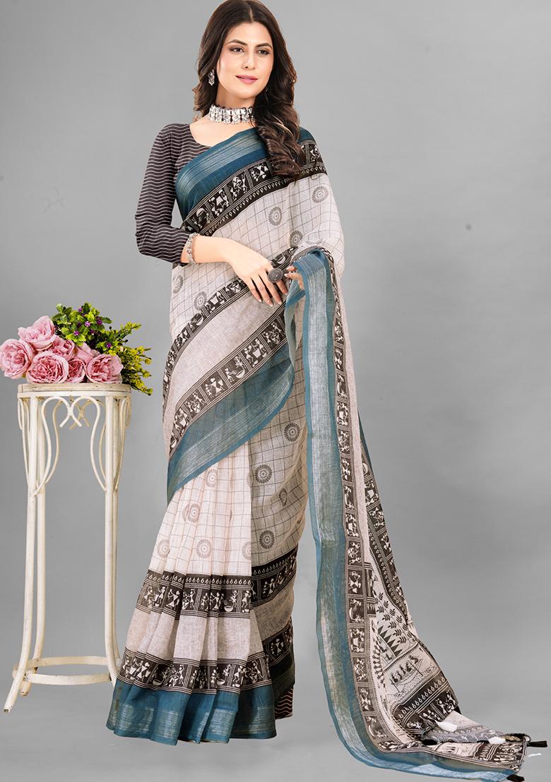 Light Brown Ethnic Motifs Linen Cotton Saree Set