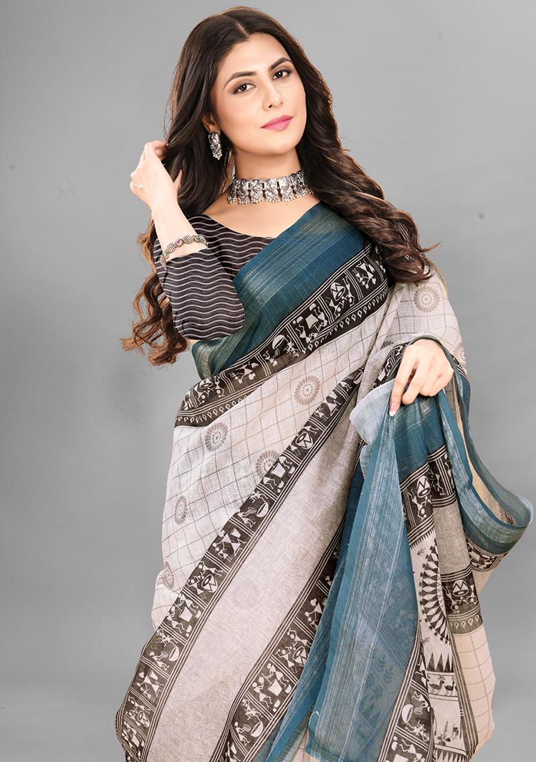 Light Brown Ethnic Motifs Linen Cotton Saree Set