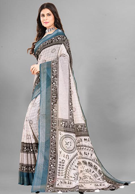 Light Brown Ethnic Motifs Linen Cotton Saree Set