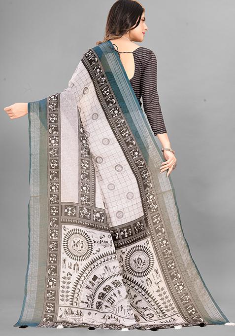 Light Brown Ethnic Motifs Linen Cotton Saree Set