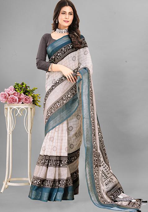 Light Brown Ethnic Motifs Linen Cotton Saree Set