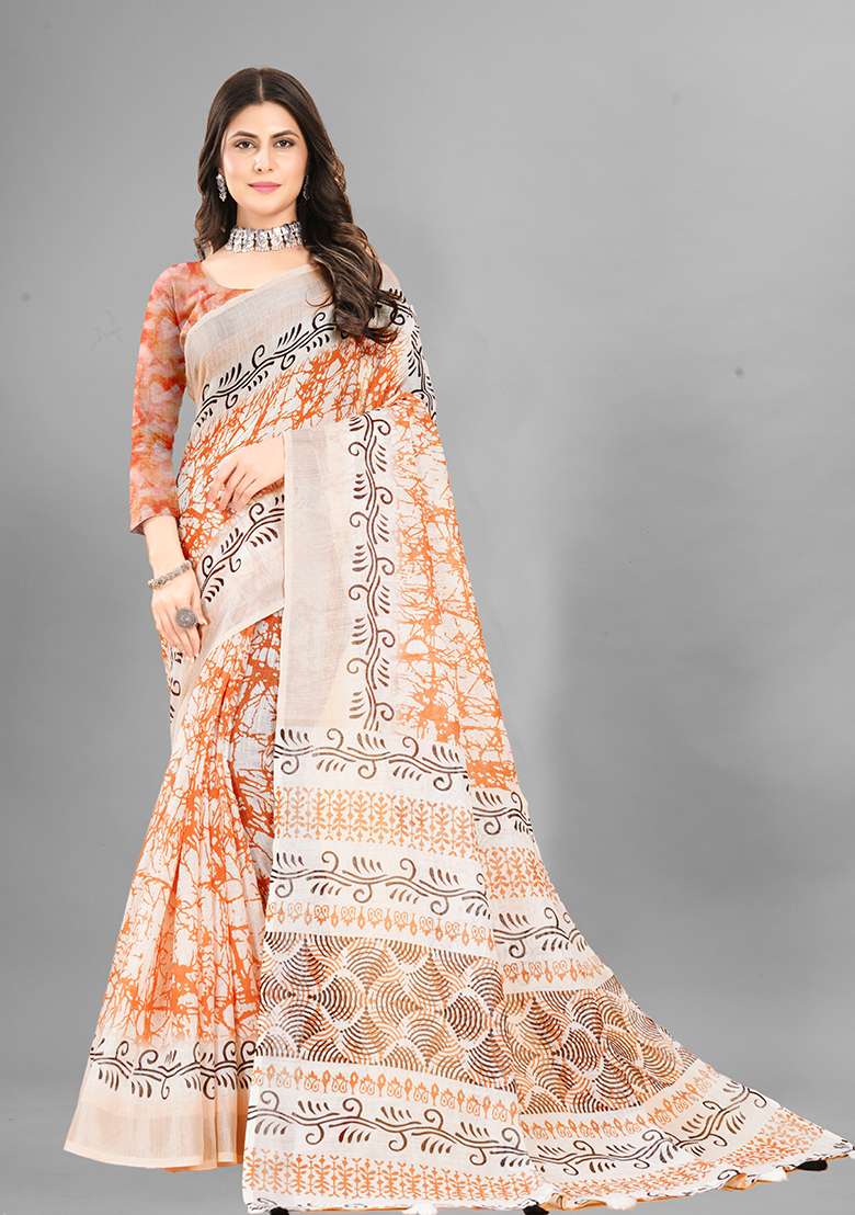 Orange Printed Linen Cotton Saree Set - Indya