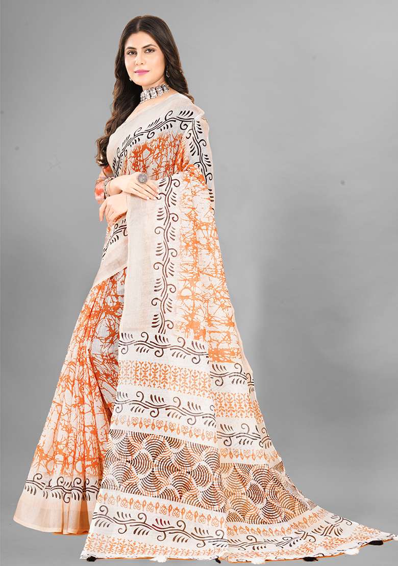 Orange Printed Linen Cotton Saree Set - Indya