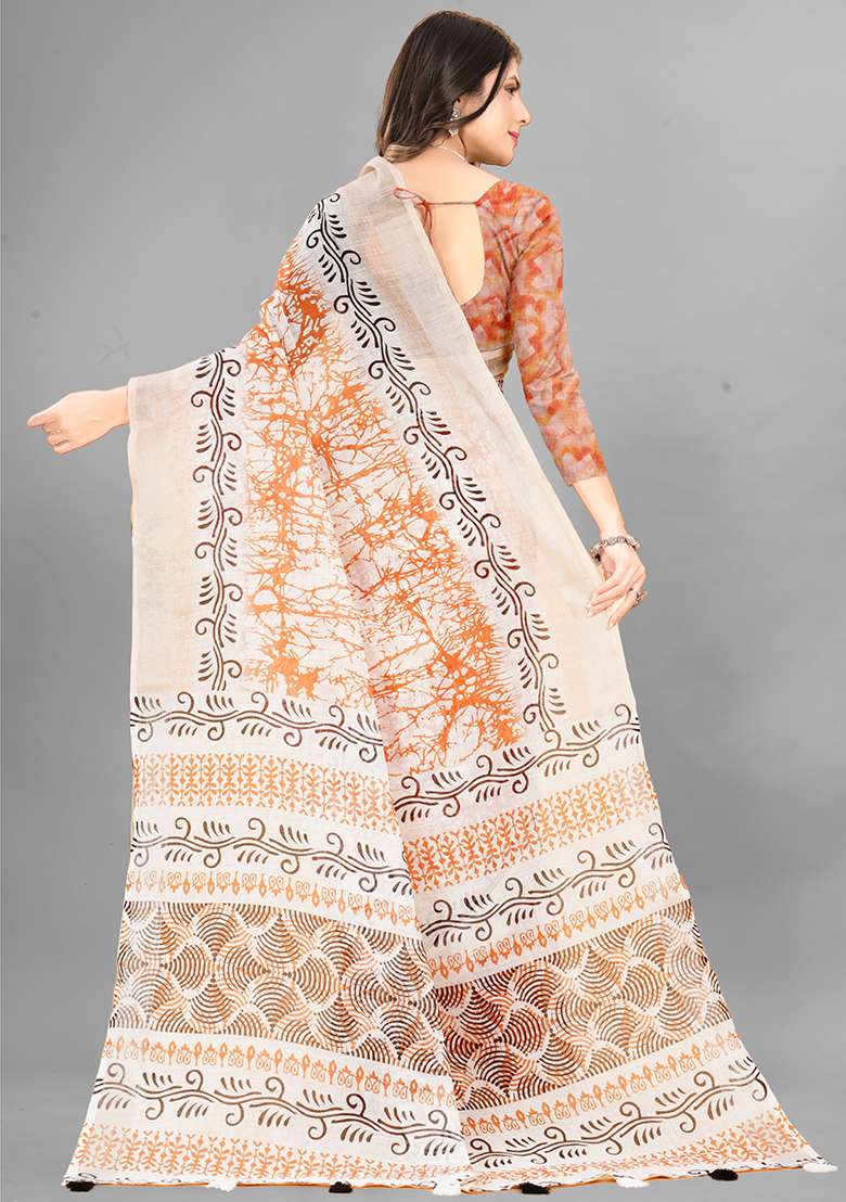 Orange Printed Linen Cotton Saree Set - Indya