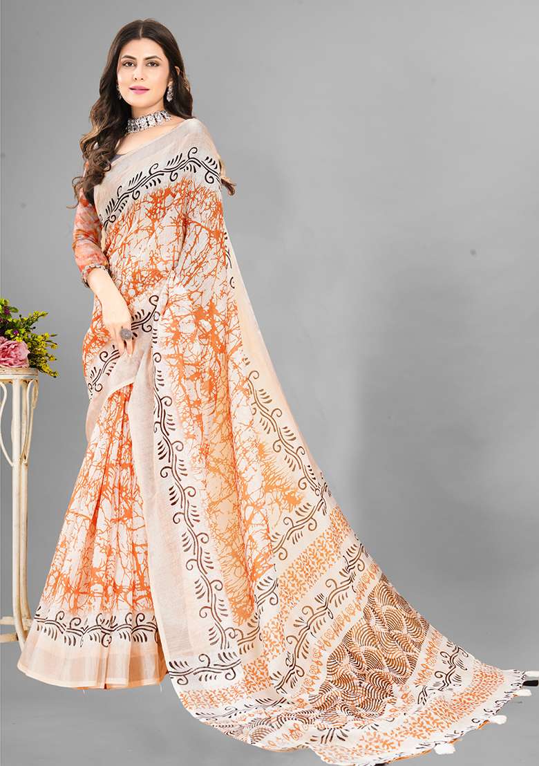 Orange Printed Linen Cotton Saree Set - Indya