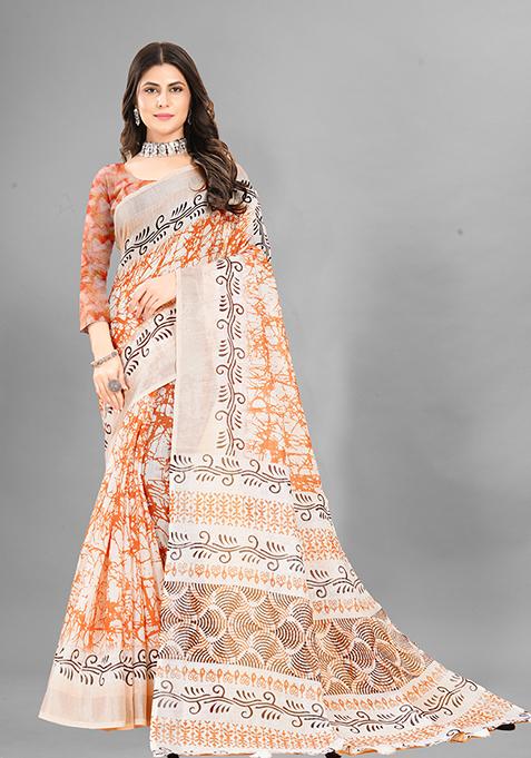 Orange Printed Linen Cotton Saree Set