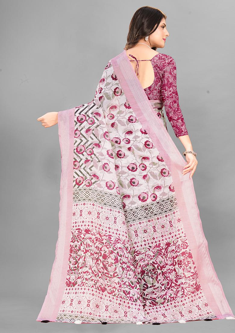 Light Pink Printed Linen Cotton Saree Set