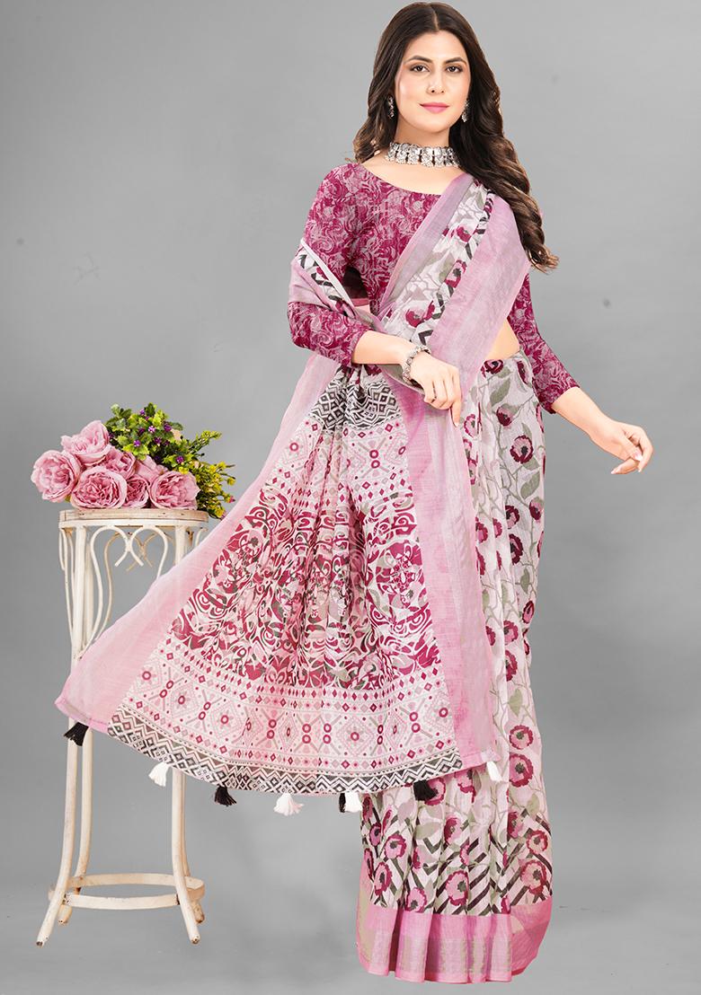 Light Pink Printed Linen Cotton Saree Set