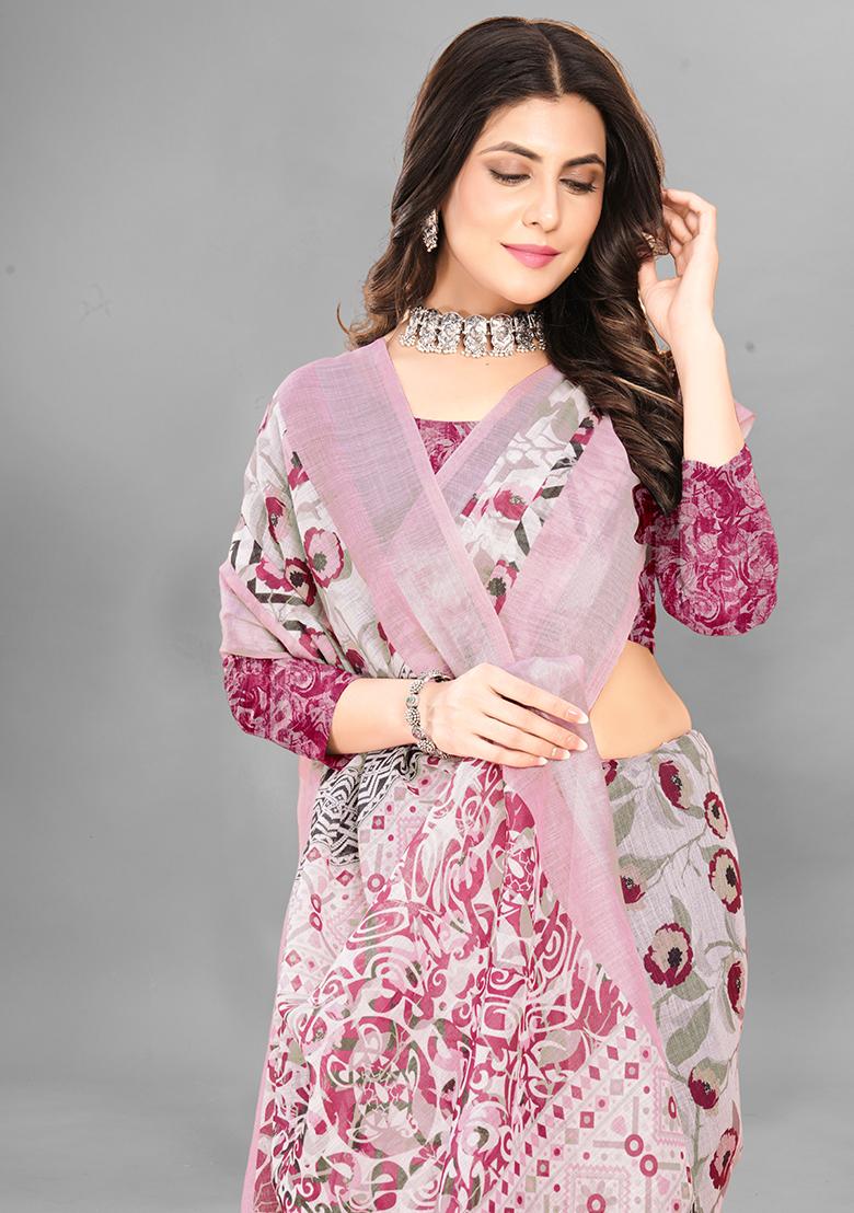 Light Pink Printed Linen Cotton Saree Set