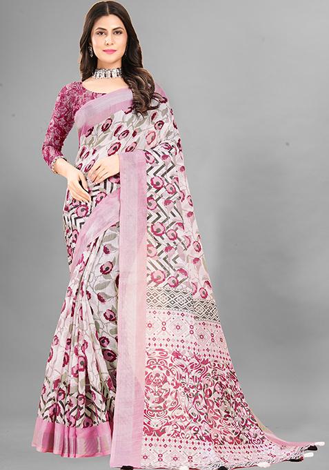 Light Pink Printed Linen Cotton Saree Set