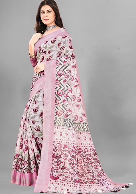 Light Pink Printed Linen Cotton Saree Set