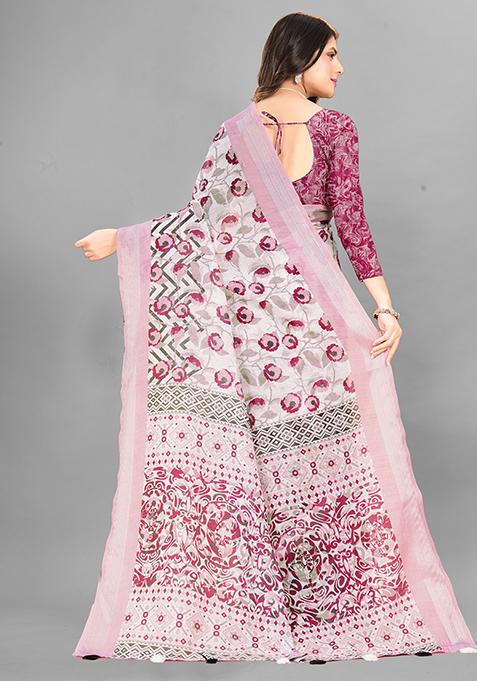 Light Pink Printed Linen Cotton Saree Set