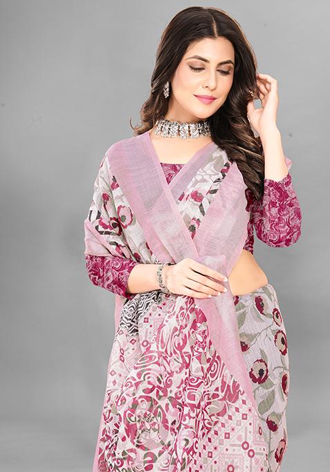 Light Pink Printed Linen Cotton Saree Set