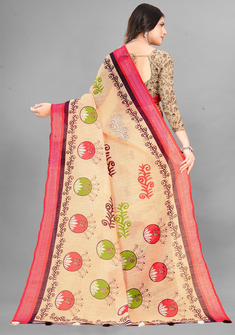 Beige Printed Linen Cotton Saree Set