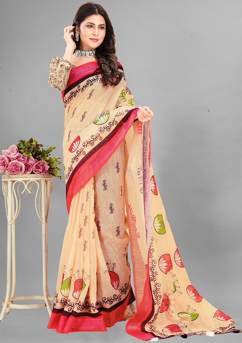 Beige Printed Linen Cotton Saree Set