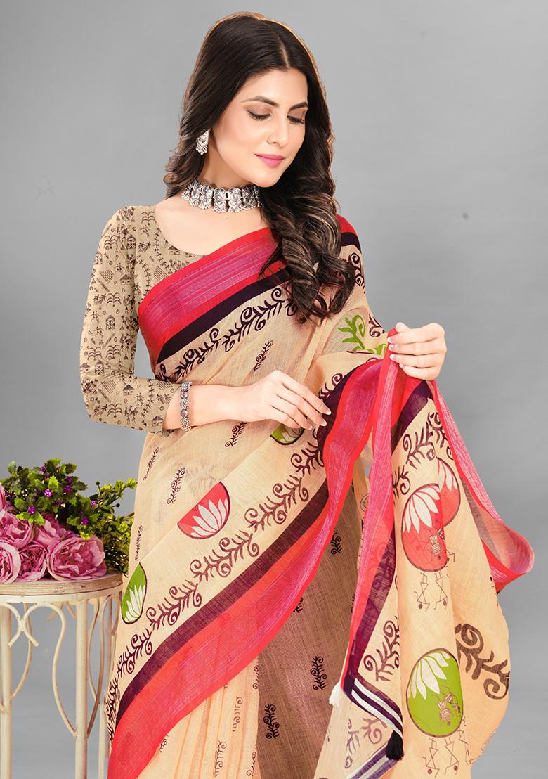 Beige Printed Linen Cotton Saree Set