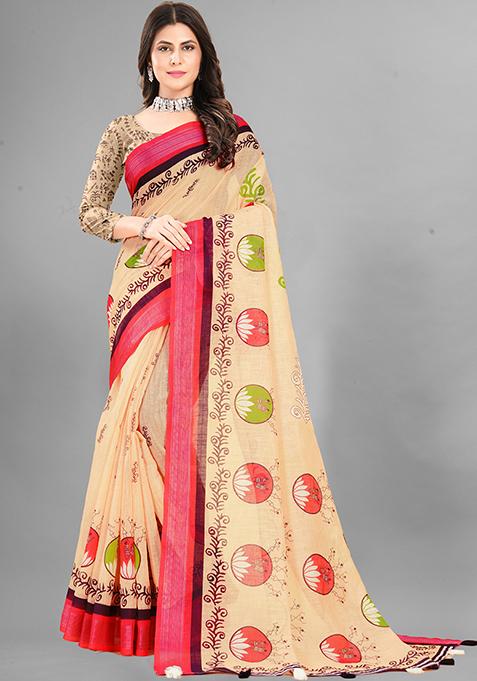 Beige Printed Linen Cotton Saree Set