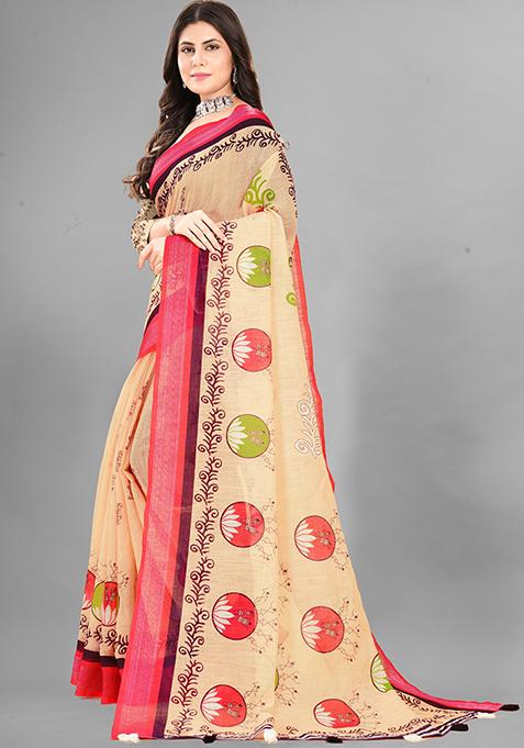 Beige Printed Linen Cotton Saree Set