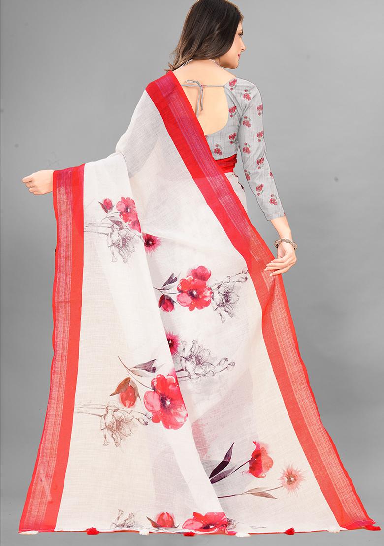 Off White Floral Print Linen Cotton Saree Set