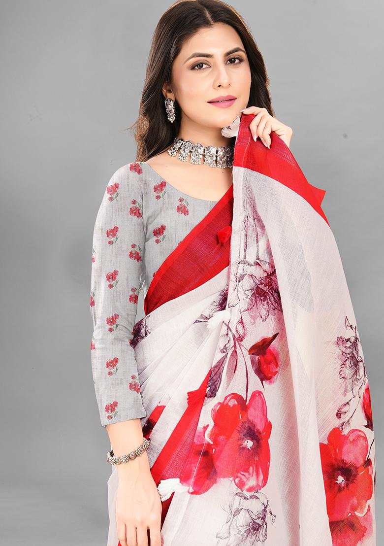Off White Floral Print Linen Cotton Saree Set