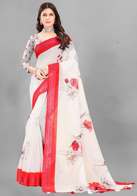 Off White Floral Print Linen Cotton Saree Set