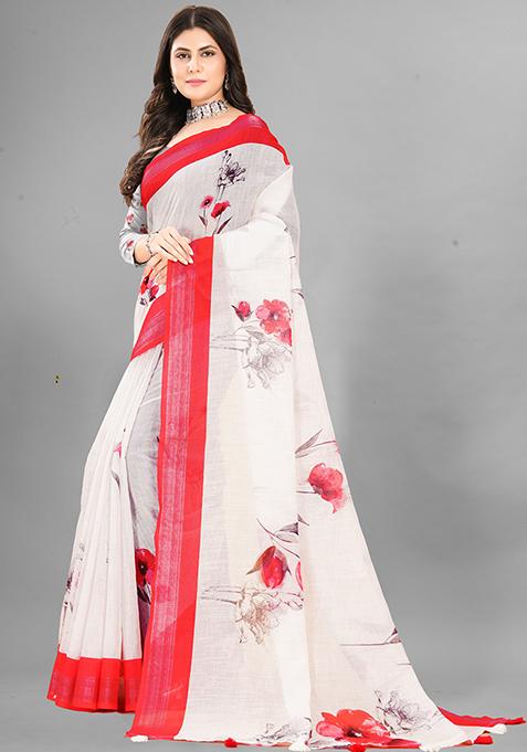 Off White Floral Print Linen Cotton Saree Set