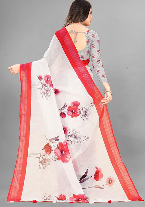 Off White Floral Print Linen Cotton Saree Set