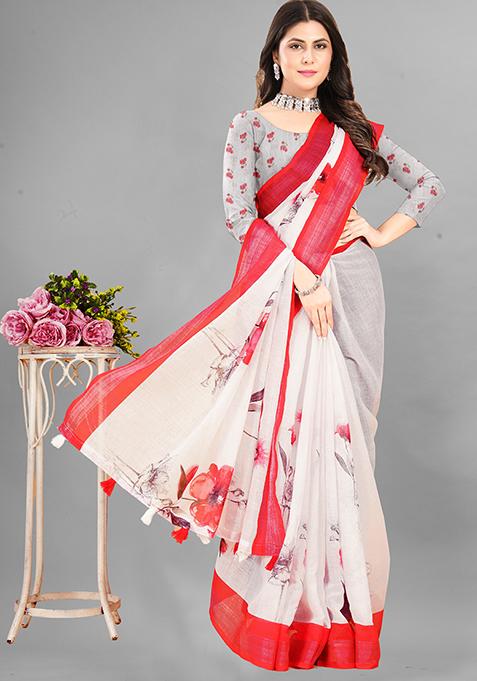 Off White Floral Print Linen Cotton Saree Set