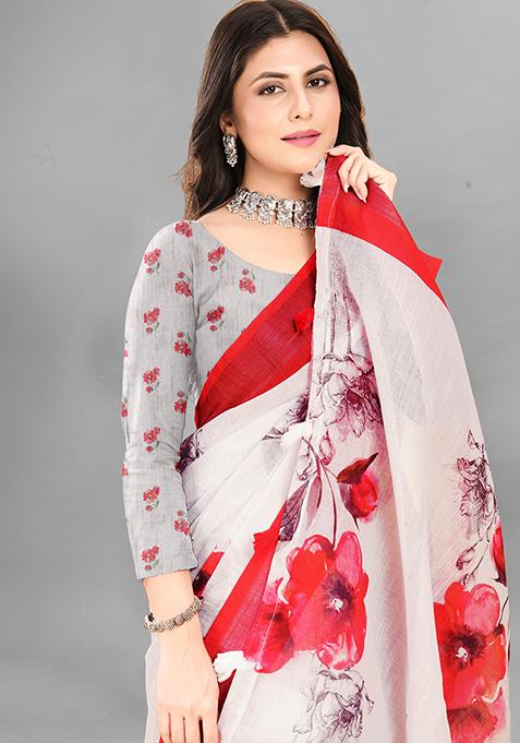 Off White Floral Print Linen Cotton Saree Set