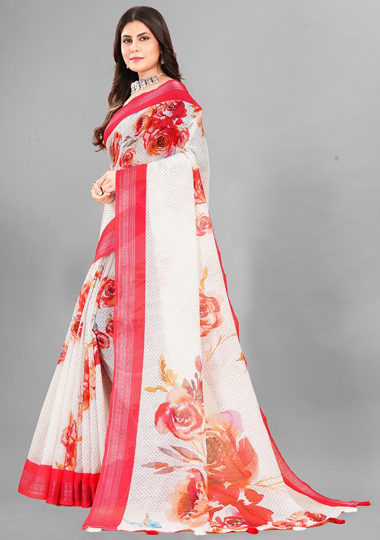 Off White Floral Print Linen Cotton Saree Set