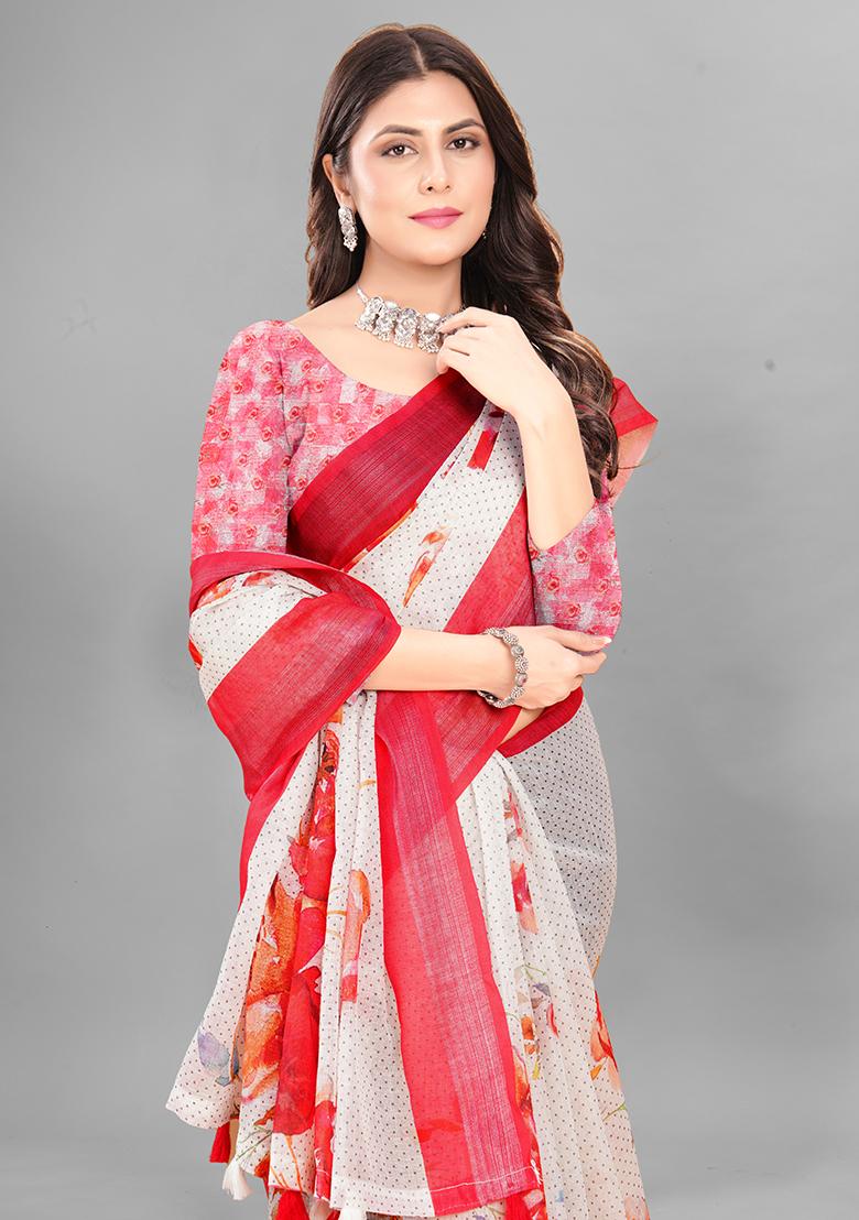 Off White Floral Print Linen Cotton Saree Set