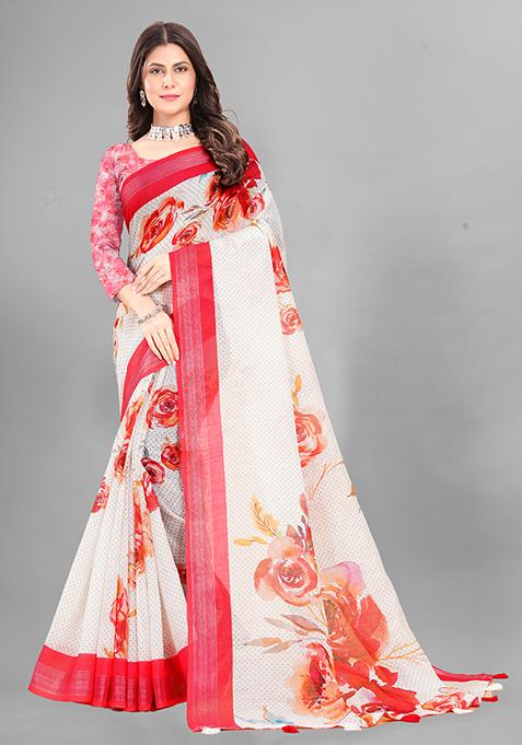 Off White Floral Print Linen Cotton Saree Set