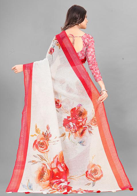 Off White Floral Print Linen Cotton Saree Set